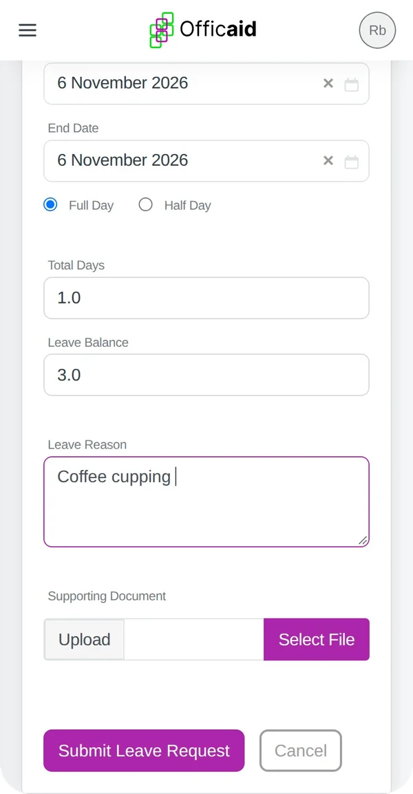 Apply Leave on a phone: dates, total days and the leave balance
