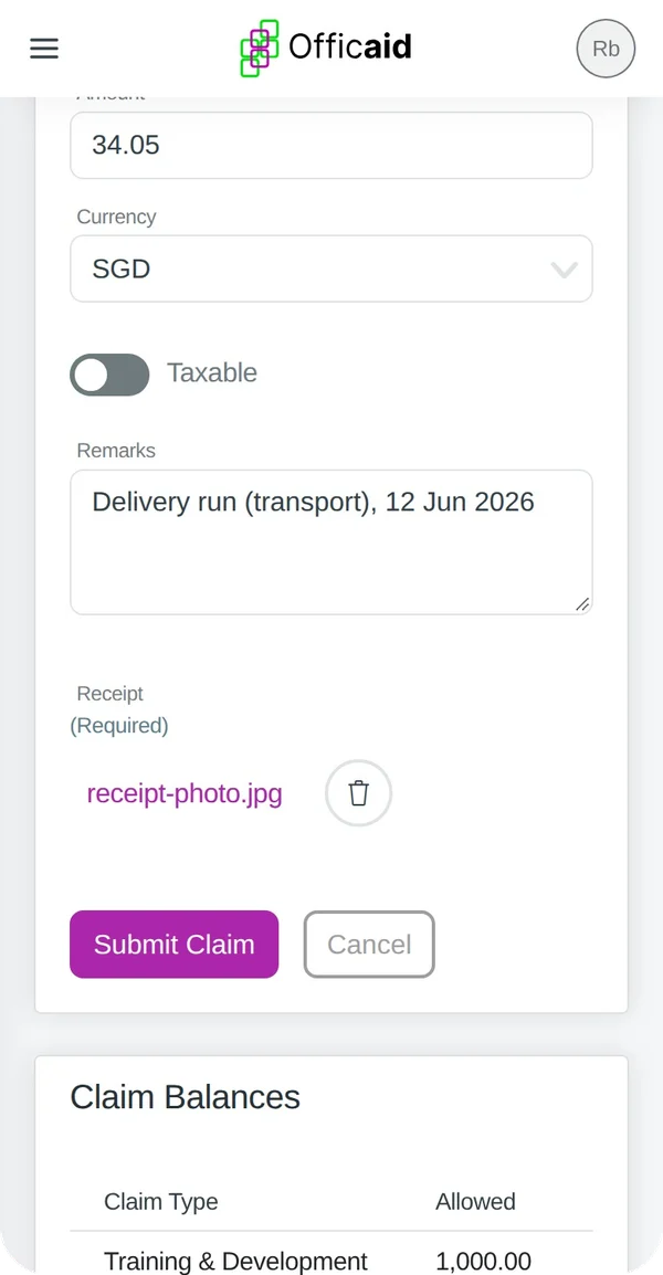 Submit a Claim on a phone with the receipt photo attached