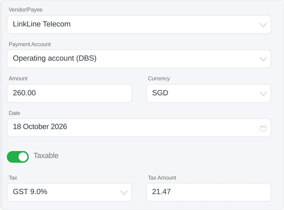 Perbelanjaan Saltmarsh: LinkLine Telecom, SGD 260.00, GST 9%