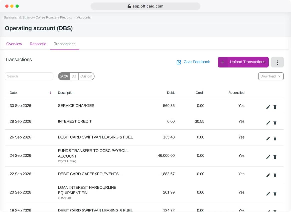 Akaun operasi (DBS): baris bank dengan debit, kredit dan Diselaraskan Ya