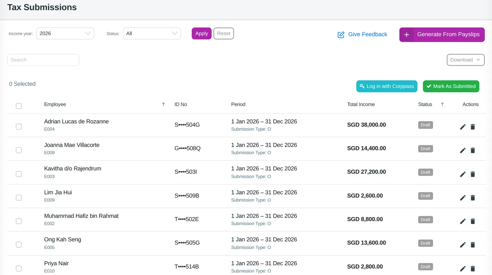 Officaid's Tax Submissions list showing IR8A drafts for income year 2026, one per employee.