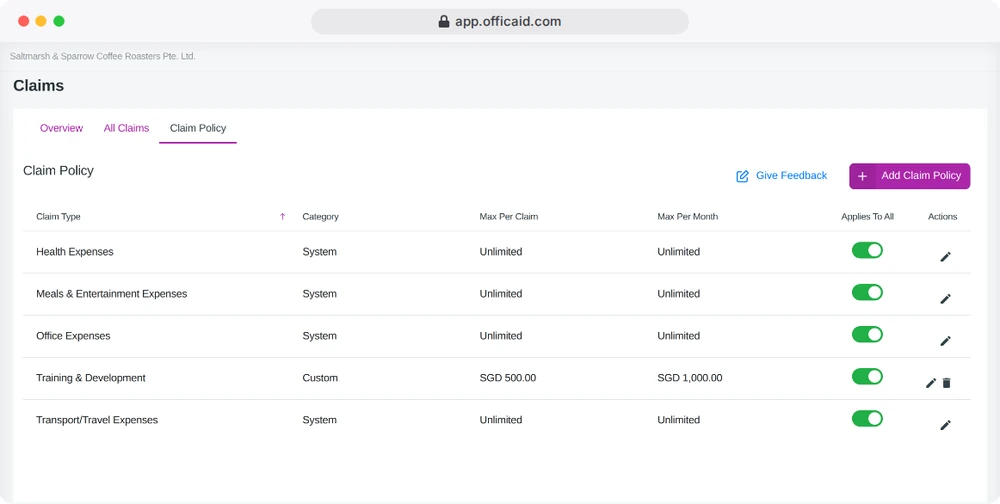 Jenis tuntutan dengan had setiap tuntutan dan setiap bulan