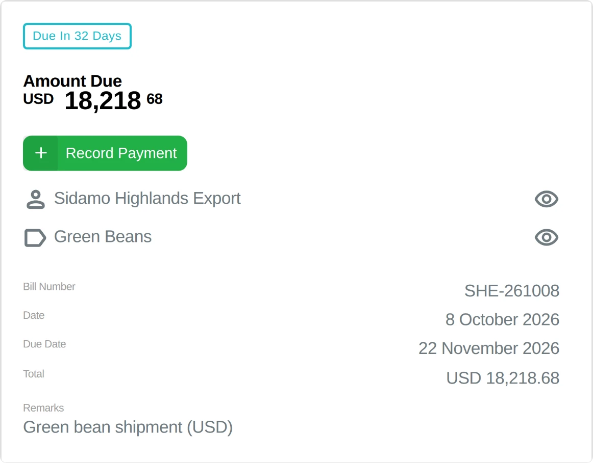 A USD payable for green beans: amount due, bill number, dates and total in USD