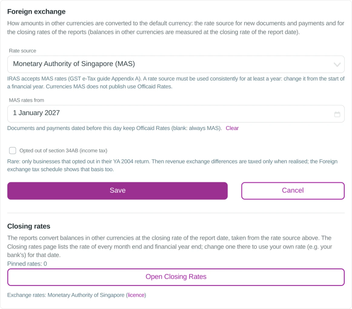 Foreign Exchange settings: MAS or Officaid Rates
