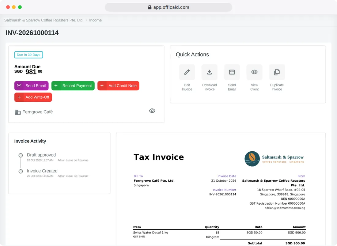 Invois dengan PDF dan aktiviti