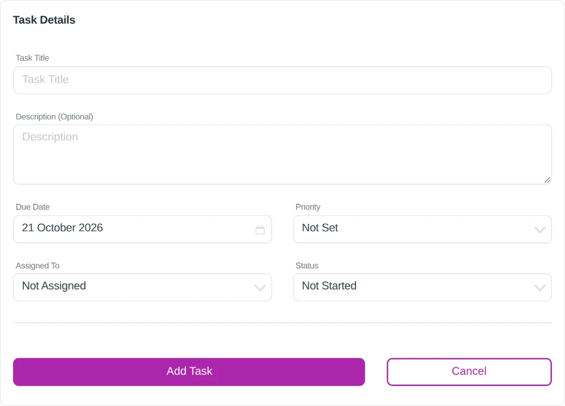 Add New Task: title, description, due date, priority, assigned to and status