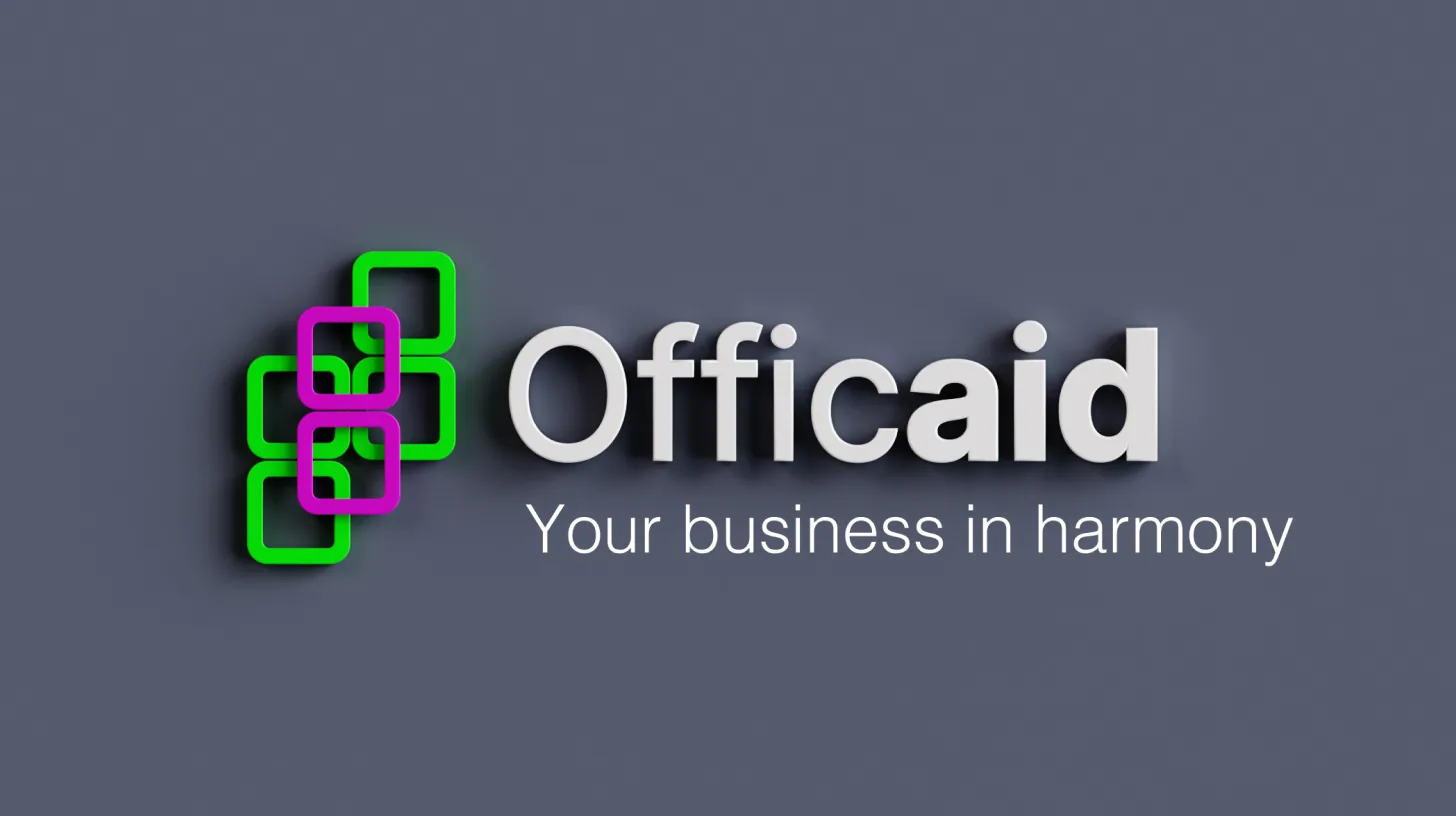 Logo Officaid dengan teks 'Perniagaan anda dalam harmoni' di atas latar belakang kelabu