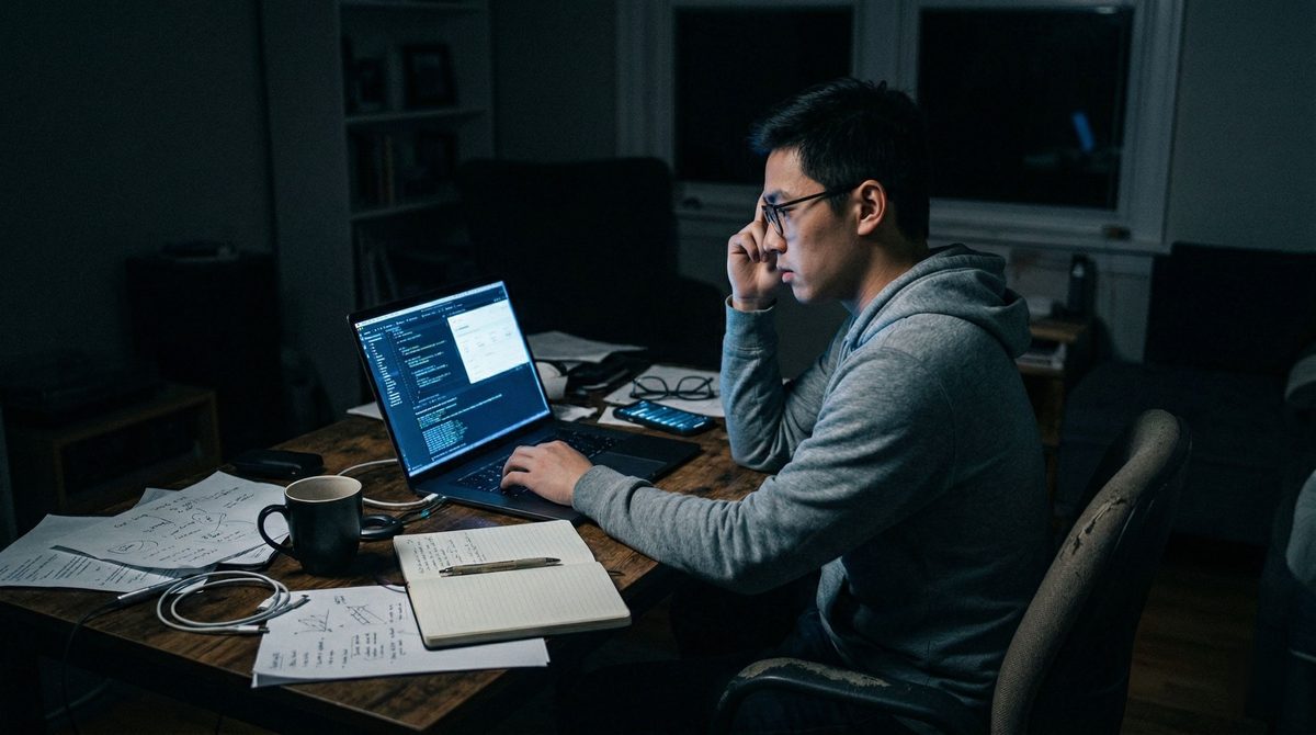 A founder working late at a laptop, surrounded by papers and a coffee mug
